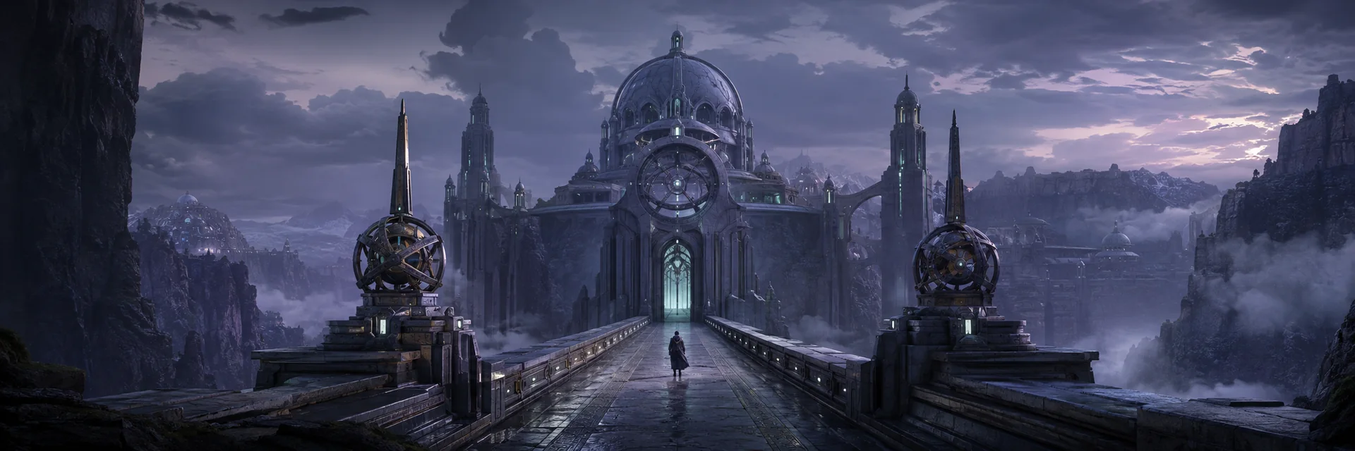 A cinematic 3D mountain world with a monumental observatory and an explorer on the central bridge.
