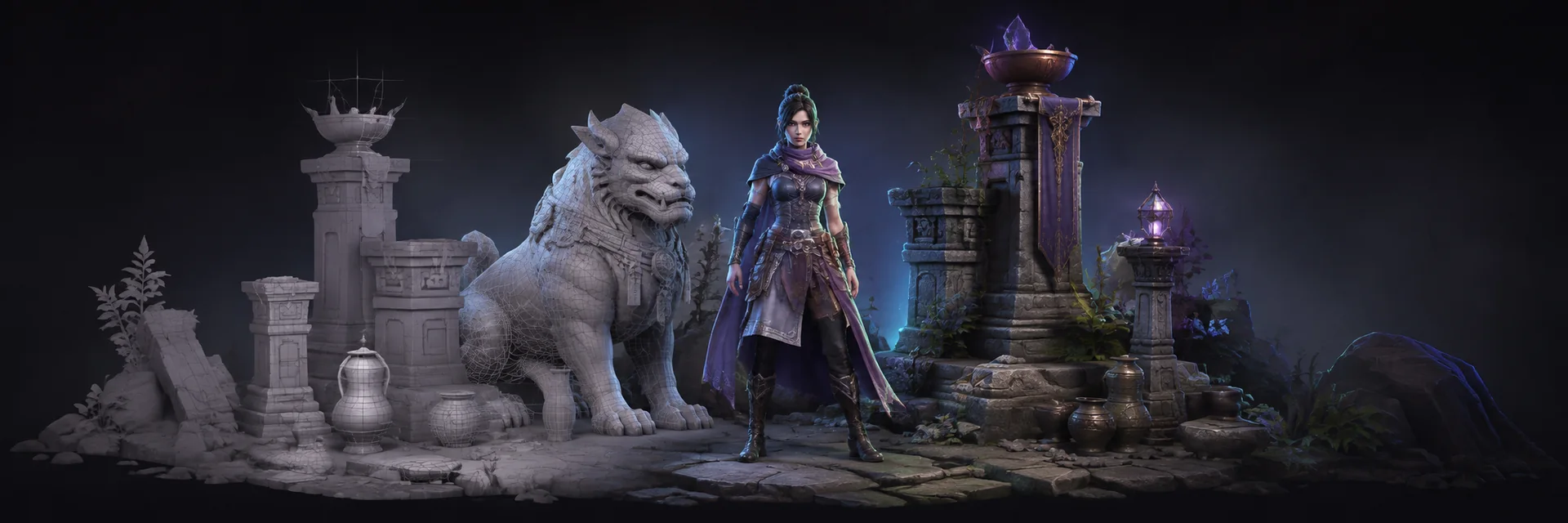 Original game character and environment assets progressing from clay models to finished textures.