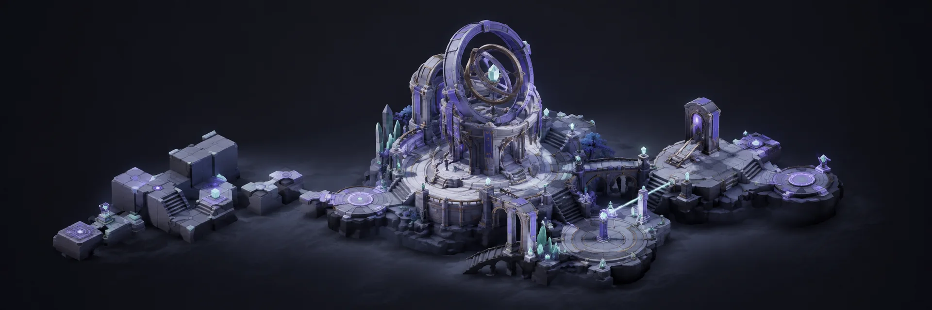 An isometric game level with modular pathways, puzzles, and a finished observatory.