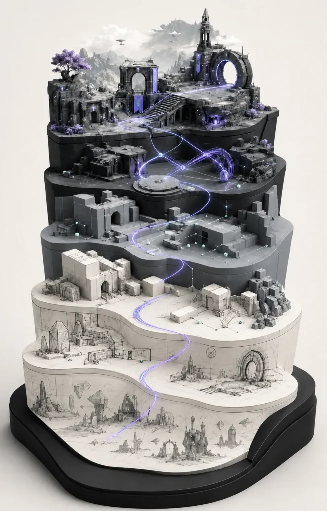 Illustrative game world progressing from prototype geometry to finished production