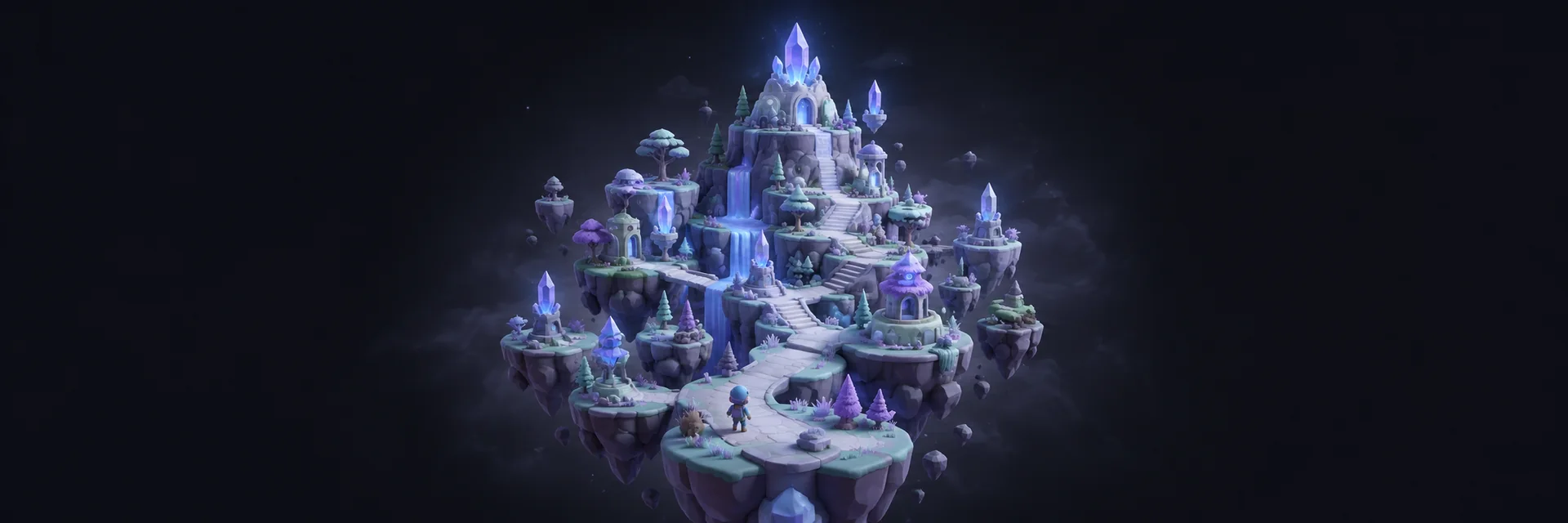 A compact floating-island game world with sculptural platforms and pastel crystal landmarks.