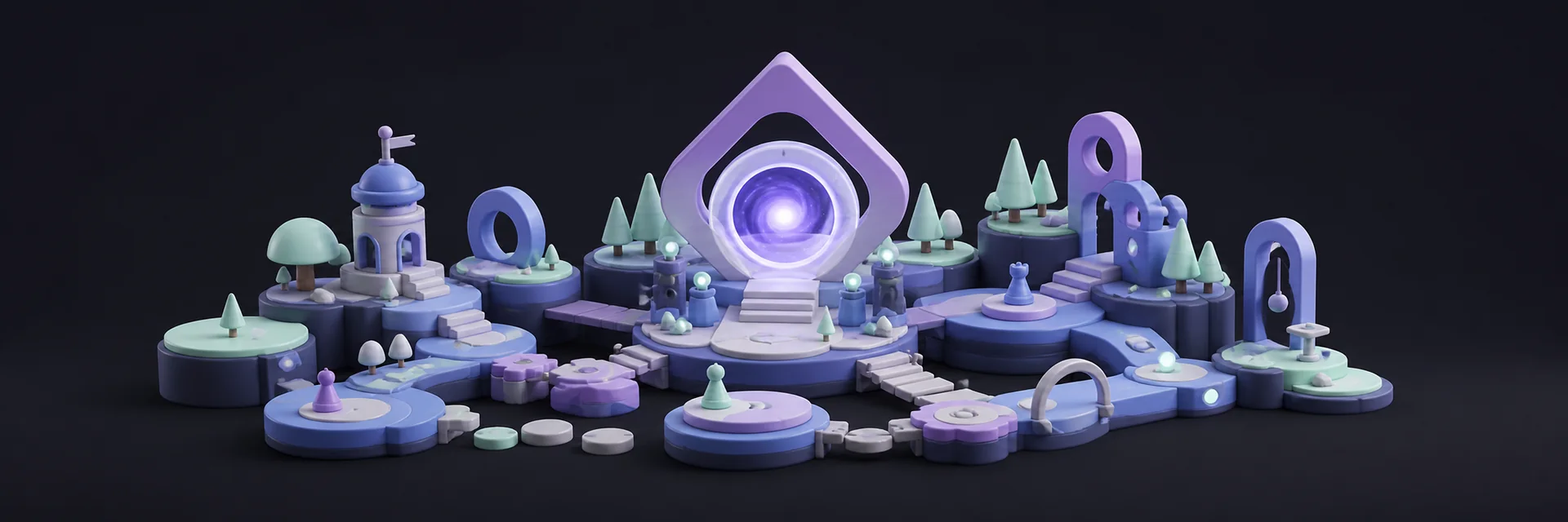 A geometric game landscape with connected puzzle zones and a central violet portal.